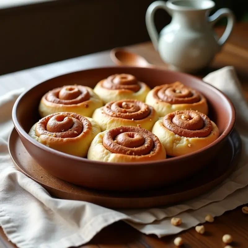 Cinner Roll Sueco con crema de avellanas y canela en molde redondo, dorados y esponjosos, con crema de avellanas derretida y avellanas picadas por encima, desayuno escandinavo sin harina.