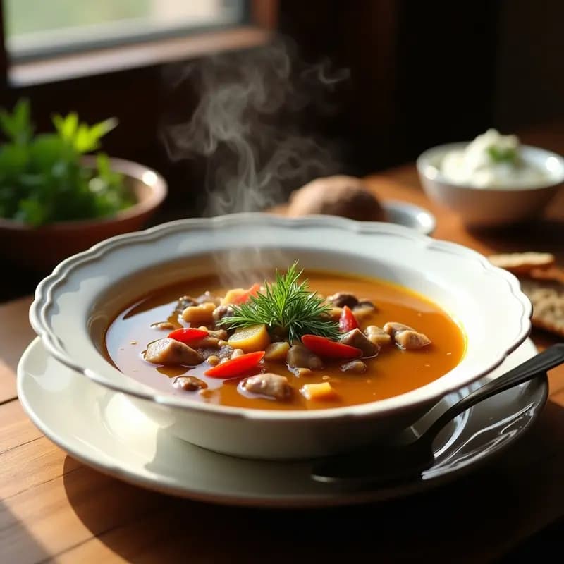 Cazuela de barro humeante con Ciorbă de Burtă rumana, caldo dorado y gelatinoso con tiras de callos, espolvoreada con eneldo fresco y acompañada de rodajas de limón y pan de centeno tostado.