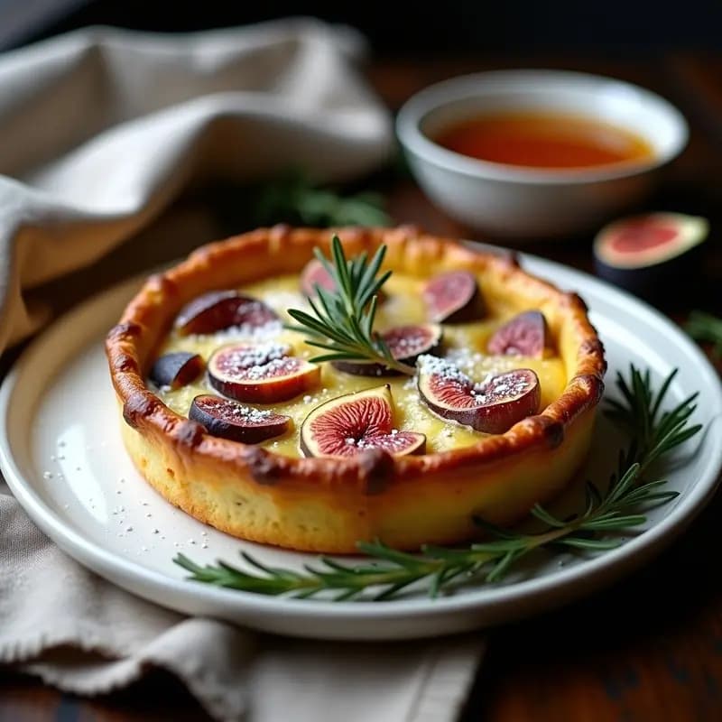 Clafoutis de higos y romero recién horneado en molde rústico de cerámica, con higos dorados y almendras tostadas en la superficie, decorado con ramas de romero fresco sobre fondo de madera oscura.