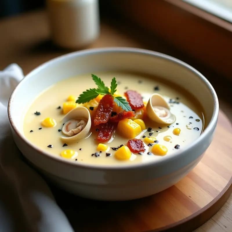 Cuenco hondo de cerámica blanca con Clam Chowder Americano de Almejas y Maíz, sopa cremosa de color beige con trozos de maíz amarillo, almejas abiertas y tocino de tempeh dorado crujiente por encima. Decorado con perejil fresco y algas nori, sobre fondo de madera rústica con servilleta de lino.