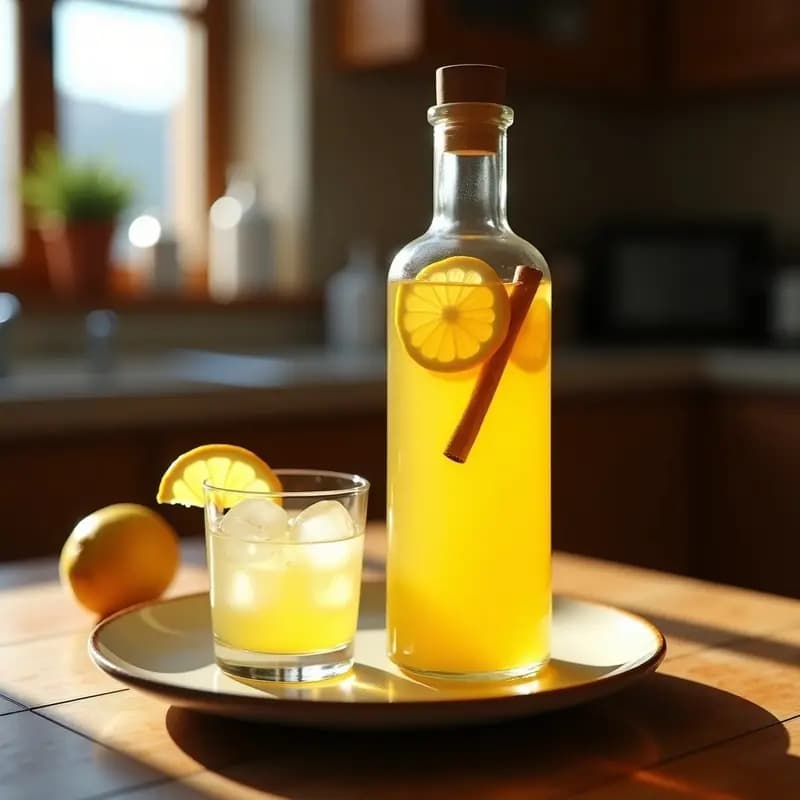 Botella de vidrio transparente llena de Claudia de Limón casera, con rodajas de limón y canela en rama visibles en su interior, acompañada de una copa con hielo y una rodaja de limón fresco sobre una mesa rústica de madera.