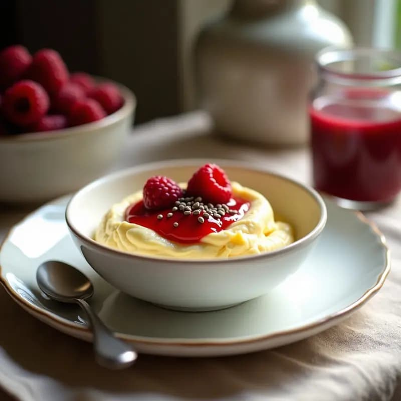 Bol de porcelana blanca con clotted cream cremoso, mermelada de frambuesa sin azúcar de color rojo intenso y semillas de chía tostadas espolvoreadas. Fondos borrosos de frambuesas frescas y una cuchara de plata. Desayuno británico sin azúcar elegante y saludable.