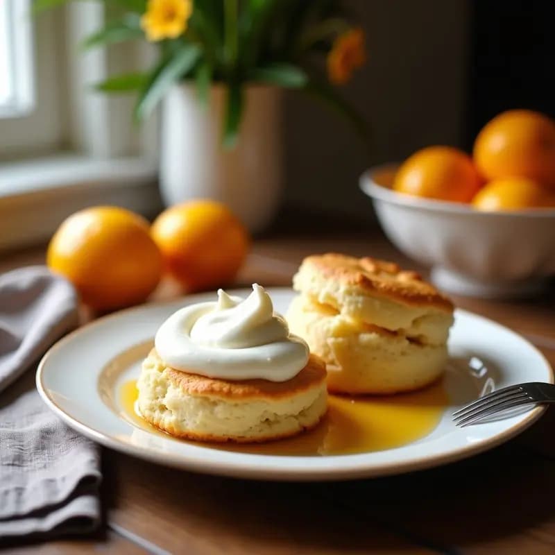 Plato blanco vintage con scones dorados cortados por la mitad, rellenos de clotted cream espesa, arándanos frescos y un hilo de miel dorada, acompañado de una taza de té inglés sobre un mantel de lino beige, desayuno británico clásico.