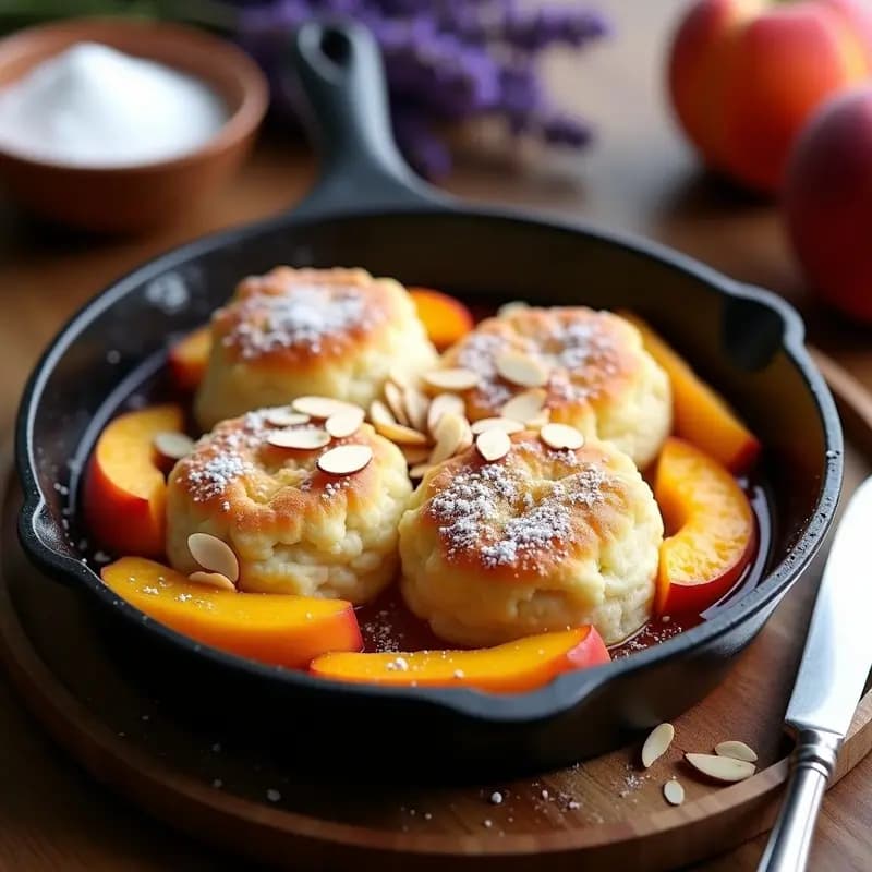 Cobbler de Duraznos y Lavanda con Masa de Almendra servido en un molde de hierro fundido, con gajos de durazno dorados y una masa esponjosa de almendra ligeramente dorada, decorado con almendras fileteadas y un toque de azúcar glass.