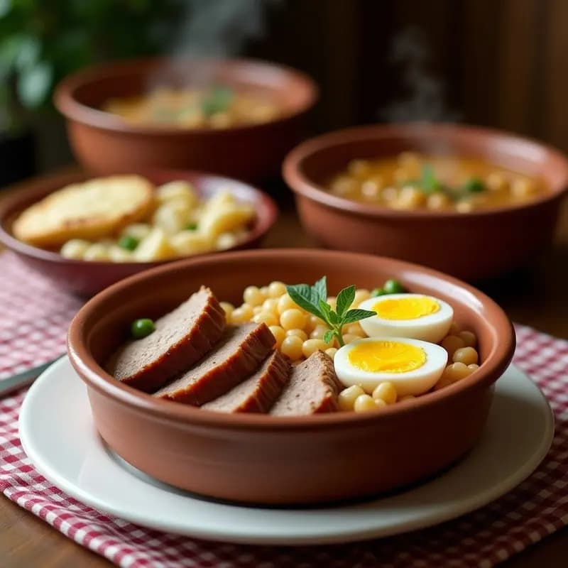 Cocido madrileño completo en dos volteos servido en plato hondo de barro: primer plato con garbanzos, verduras trituradas y fideos gruesos en caldo dorado, y segundo plato con trozos de carne (ternera, cerdo, pollo) y huevo duro. Receta tradicional española.