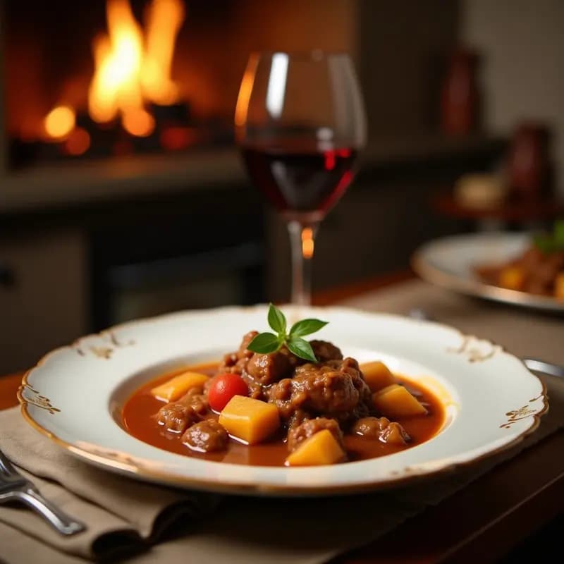 Olla grande de barro humeante con cocido madrileño completo: caldo dorado con fideos, garbanzos y verduras en un lado, y fuente de carnes variadas (pollo, ternera, chorizo, morcilla) con huevos duros en otro. Plato tradicional español de cuchara.