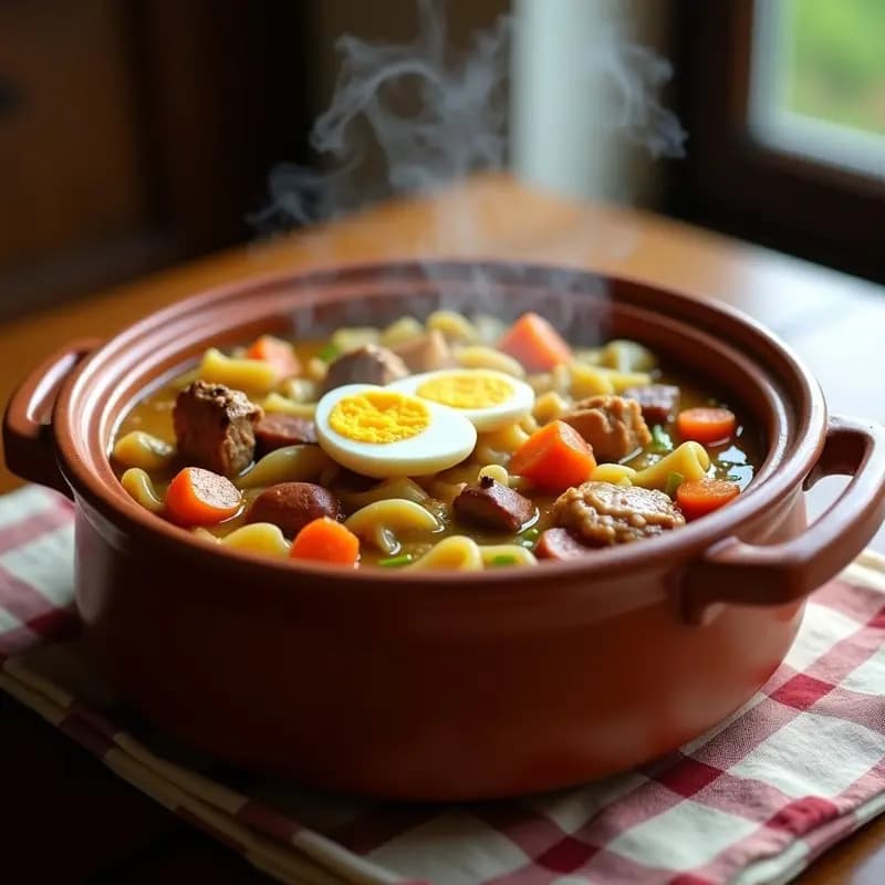 Cazuela de barro humeante con cocido madrileño desmenuzado, mostrando los tres vuelcos: caldo con fideos, verduras troceadas y carnes desmenuzadas, servido de forma rústica y tradicional.