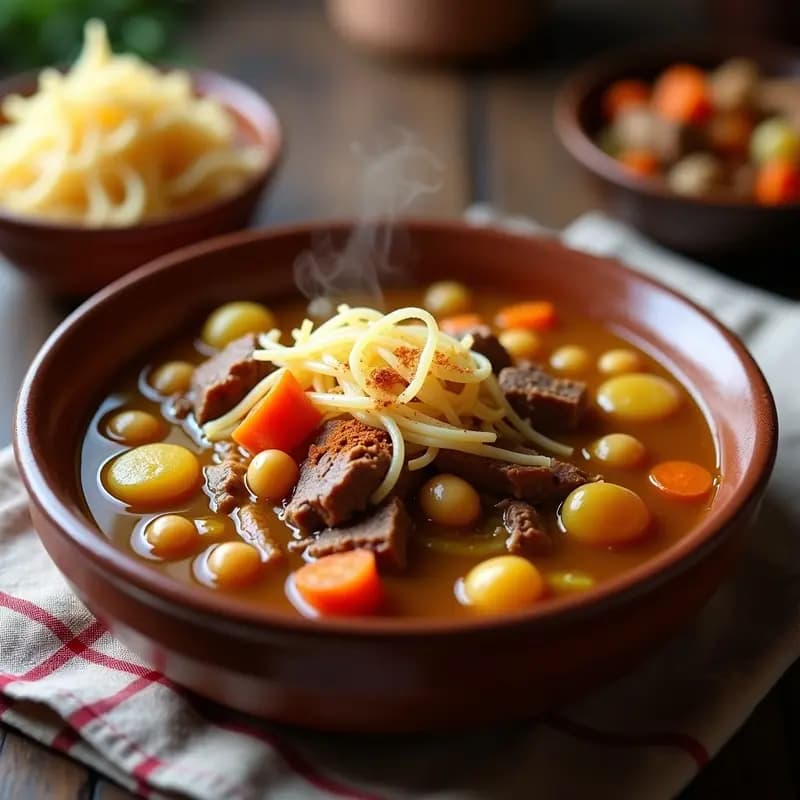 Plato hondo de barro con cocido madrileño desmenuzado, carne en hebras finas, garbanzos, verduras y peladillas tostadas doradas, servido con fideos gruesos y un toque de canela.