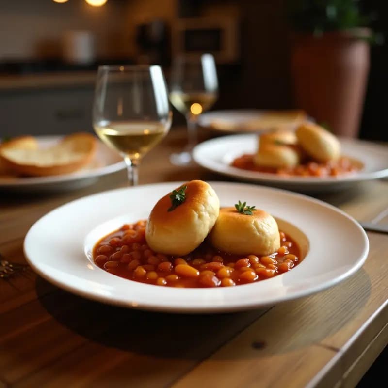 Plato hondo de barro con Cocido Madrileño Desmenuzado con Pelotas de Pan, mostrando garbanzos, carnes desmenuzadas, verduras y pelotas de pan esponjosas bañadas en caldo oscuro, típico de la cocina española tradicional.