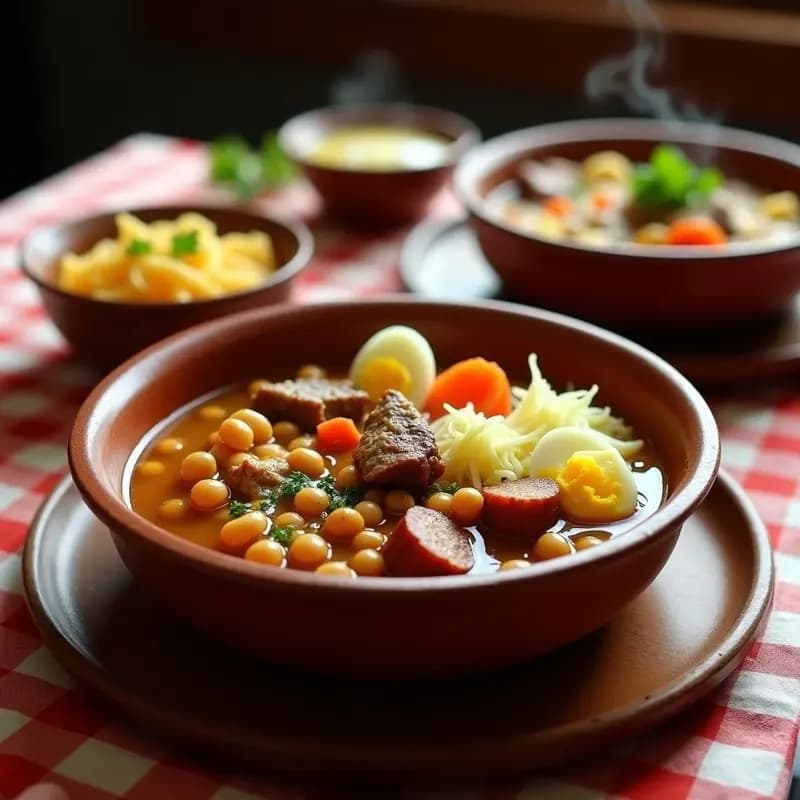 Plato de cocido madrileño en dos ollas con garbanzos dorados, trozos de carne, verduras variadas y huevo duro, servido en fuentes separadas con caldo espeso.