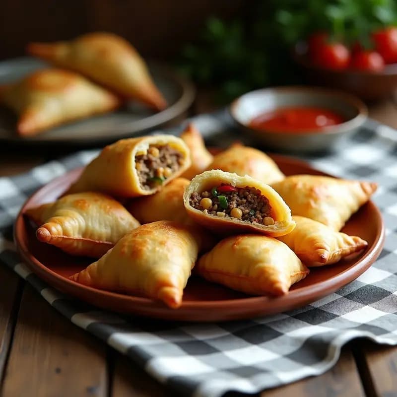 Empanadillas doradas y crujientes rellenas de cocido madrileño desmenuzado, con carne, garbanzos y verduras, servidas en una fuente de barro sobre un mantel rústico.