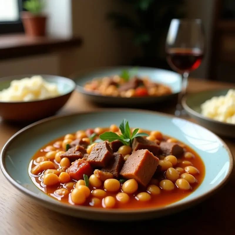 Olla de barro humeante con cocido madrileño tradicional: caldo dorado con fideos, plato de carnes variadas (morcillo, pollo, chorizo, morcilla) y verduras (garbanzos, patatas, repollo), servido al estilo abuela en tres vuelcos.