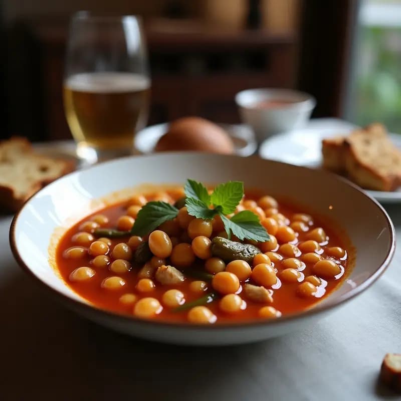 Plato de Cocido Madrileño tradicional servido en tres volteos: sopa de fideos en cuenco hondo, garbanzos con verduras en plato llano y fuente de carnes variadas (morcillo, pollo, chorizo y morcilla) con huevo duro. Fondo de mesa rústica con pan y vino tinto.
