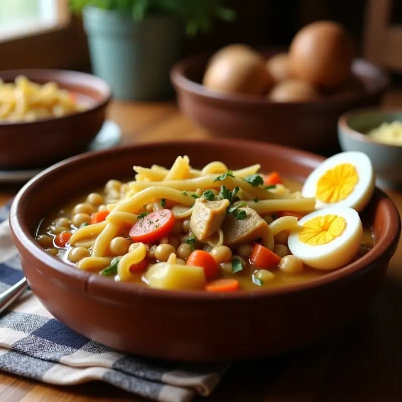 Plato hondo de barro con cocido madrileño ligero: caldo dorado con fideos gruesos, garbanzos, trozos de pollo y ternera magra, zanahoria, papa y repollo. Huevo duro cortado por la mitad al lado. Fondos de verduras y carne visibles.