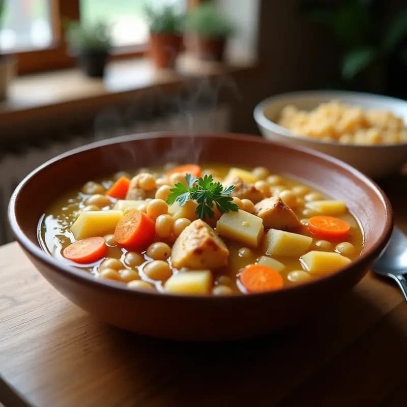 Plato hondo de barro con cocido madrileño ligero: garbanzos, trozos de pollo y ternera magra, zanahorias, patatas y repollo en un caldo dorado. Receta tradicional sin grasas, servido con fideos finos en un plato aparte.