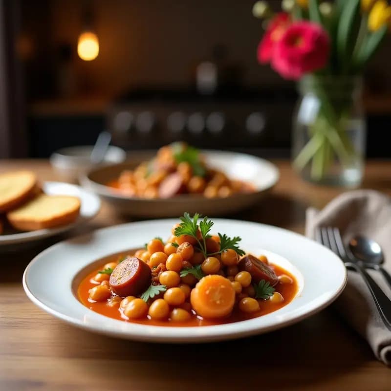 Mini olla negra con cocido madrileño individual: garbanzos, patata, zanahoria, repollo y fideos en un caldo dorado, acompañado de trozos de chorizo y morrilla. Plato humeante sobre mesa rústica de madera con servilleta de tela.