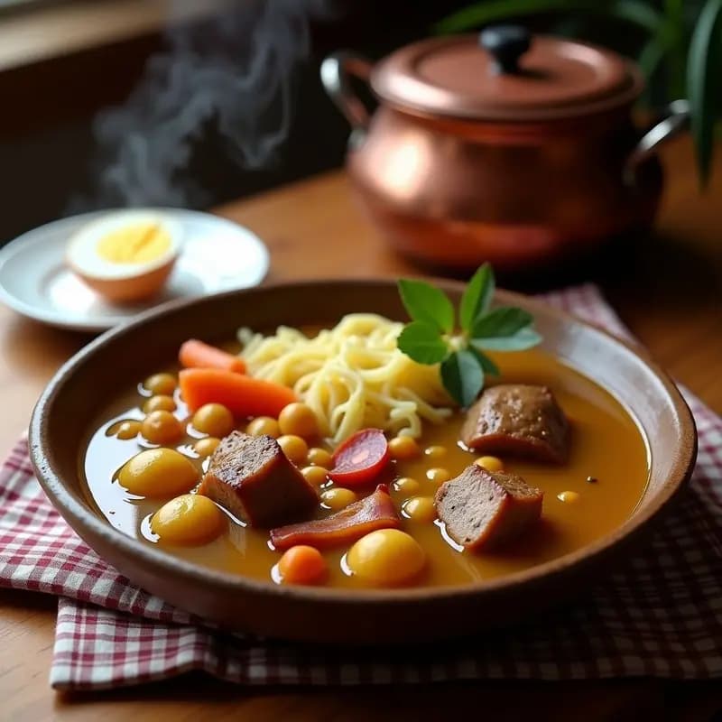 Plato de cocido madrileño mini para 2 personas con tres vuelcos: sopa con fideos cabello de ángel, garbanzos con patata zanahoria y repollo, y trozos de morcillo, chorizo y tocino. Huevo duro troceado al lado. Receta tradicional en olla rápida.