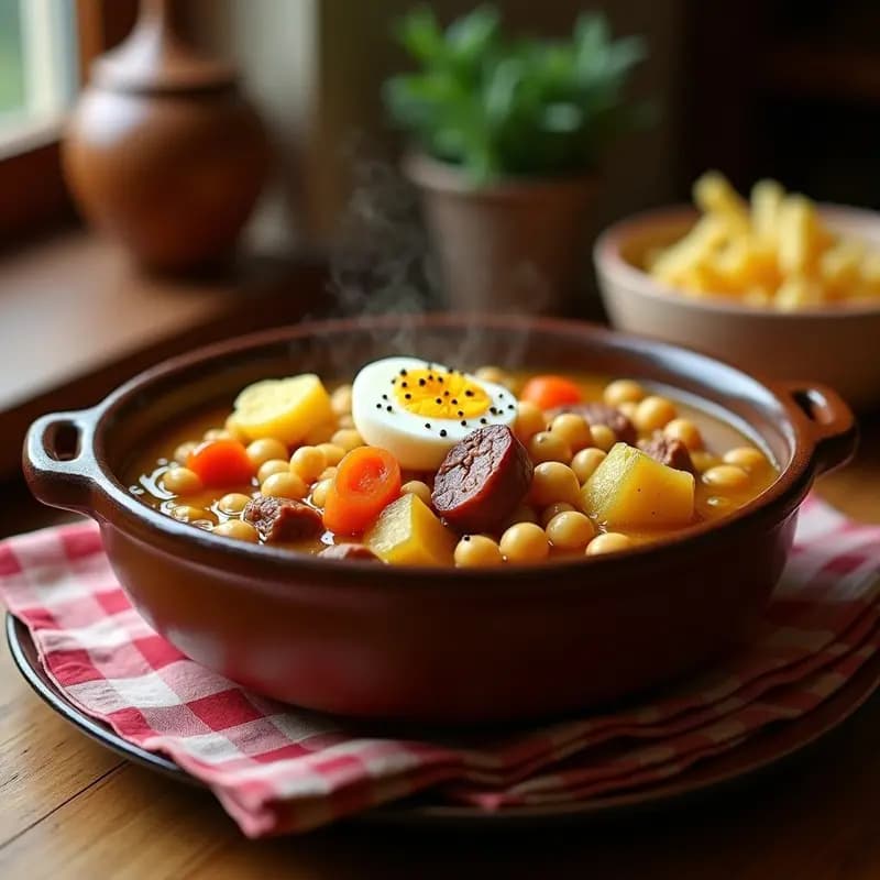 Cocido Madrileño en Miniatura servido en cuenco hondo de barro, con garbanzos, trozos de carne, chorizo, verduras y fideos en un caldo dorado y espeso. Receta de cuchara tradicional para 2 personas.