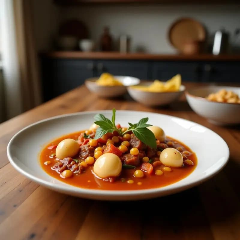 Olla honda de barro con cocido madrileño moderno: garbanzos dorados, rodajas de morcilla de burgol, patatas, zanahorias y repollo en un caldo espeso y aromático, servido con un chorro de aceite de oliva virgen extra.