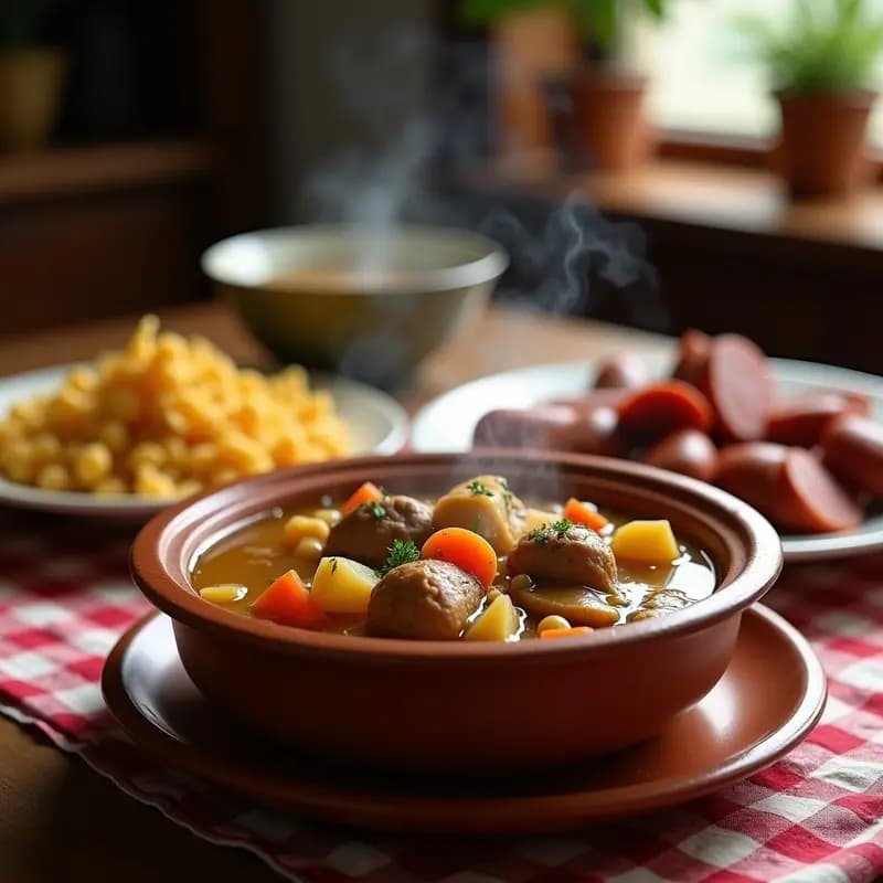 Plato hondo de barro con Cocido Madrileño en Olla Exprés, mostrando garbanzos, patatas, zanahorias, trozos de carne de ternera, pollo y chorizo, servido en tres vuelcos tradicionales sobre una mesa rústica de madera.