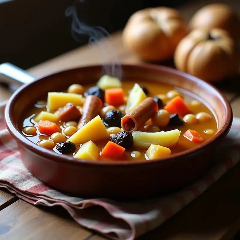 Plato hondo de barro con cocido madrileño en olla exprés: garbanzos, patatas, zanahorias, repollo, pollo, chorizo y morcilla en un caldo dorado. Receta tradicional rápida y casera.