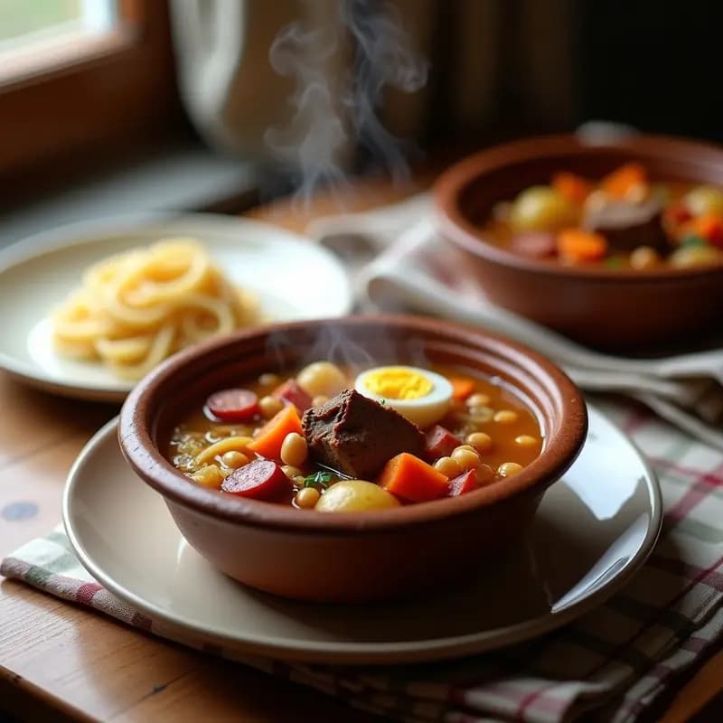 Plato hondo de barro con cocido madrileño en versión mini: garbanzos, trozos de morcillo, chorizo, tocino, patata, zanahoria y repollo bañados en un caldo dorado. Acompañado de un huevo duro y fideos en plato aparte, sobre una mesa de madera rústica.