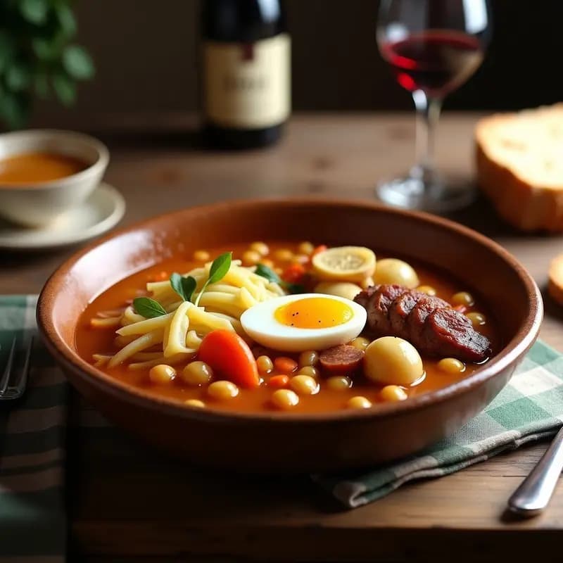 Cocido madrileño tradicional servido en plato hondo de barro, con caldo dorado, garbanzos, zanahorias, patatas, trozos de morcillo, gallina, tocino y chorizo. Acompañado de huevo duro y fideos gruesos en un cuenco aparte. Receta en olla lenta al estilo de la abuela.