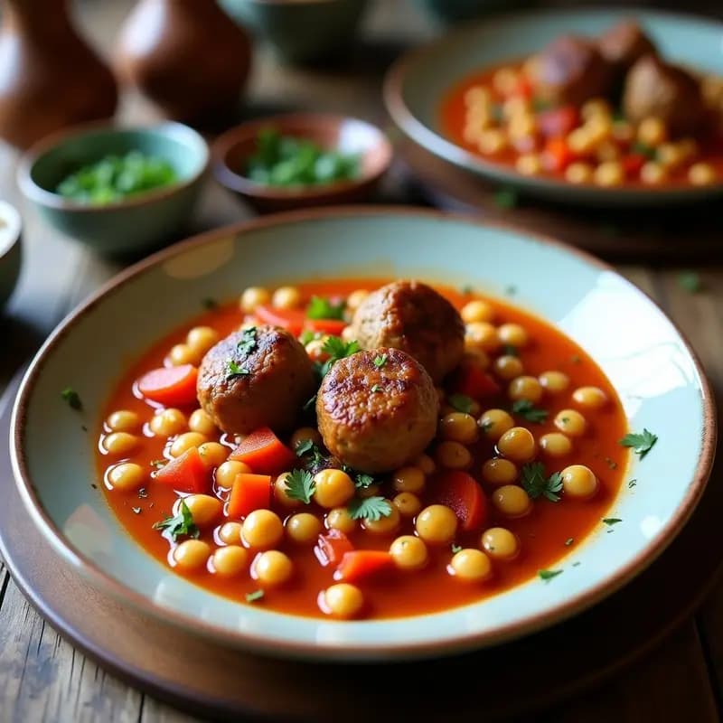 Plato hondo de barro con cocido madrileño ligero: garbanzos dorados, rodajas de pelota de pollo y pavo, zanahoria, patata y repollo cocidos, bañados en un caldo ligero. Acompañado de fideos finos y perejil fresco picado por encima. Receta tradicional saludable.