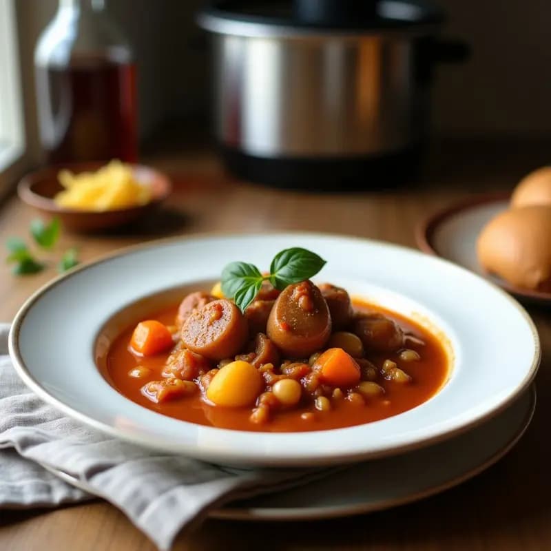 Cocido Madrileño en Thermomix servido en tres platos: primero, caldo dorado con fideos; segundo, garbanzos con zanahoria y patata; tercero, carnes variadas (pollo, ternera, chorizo y morcilla) con huevo duro y pringá. Receta contundente en 3 horas.
