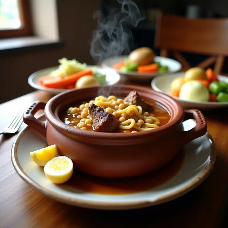 Cazuela de barro humeante con cocido madrileño tradicional: garbanzos, trozos de carne (ternera, pollo, chorizo), patatas, zanahorias y repollo, servido en tres vuelcos con huevo duro. Plato de cuchara reconfortante y lleno de sabor.