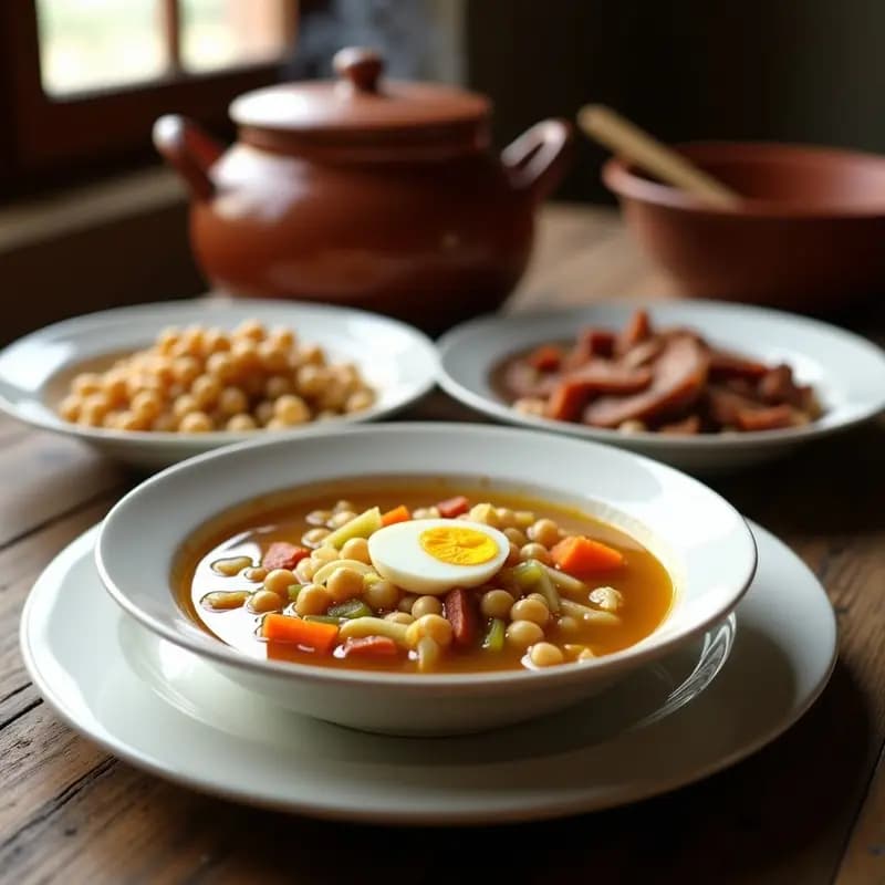 Plato tradicional de cocido madrileño en tres vuelcos: primer plano de un bol de caldo dorado con fideos y huevo duro, acompañado de un plato de garbanzos con zanahorias y repollo, y una fuente de carnes variadas (gallina, morcillo, chorizo y tocino) sobre una mesa rústica de madera.