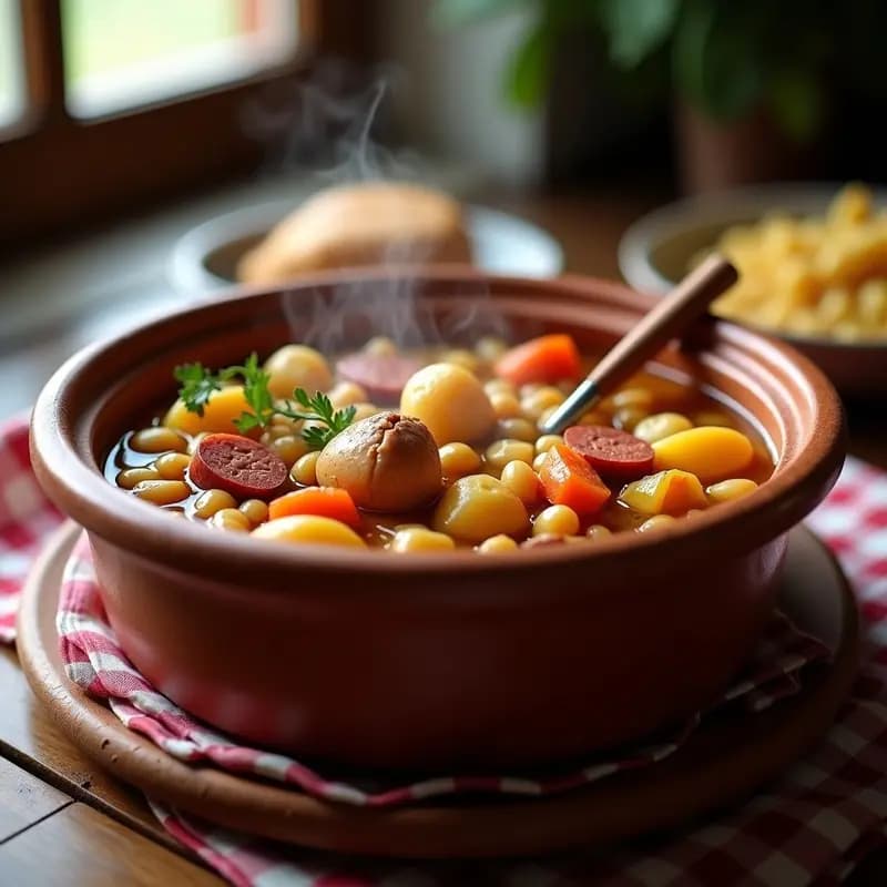 Olla humeante con cocido madrileño simplificado: garbanzos, patatas, zanahorias, repollo, trozos de carne y chorizo en un caldo dorado. Plato tradicional español en una sola olla, servido en cuenco rústico.