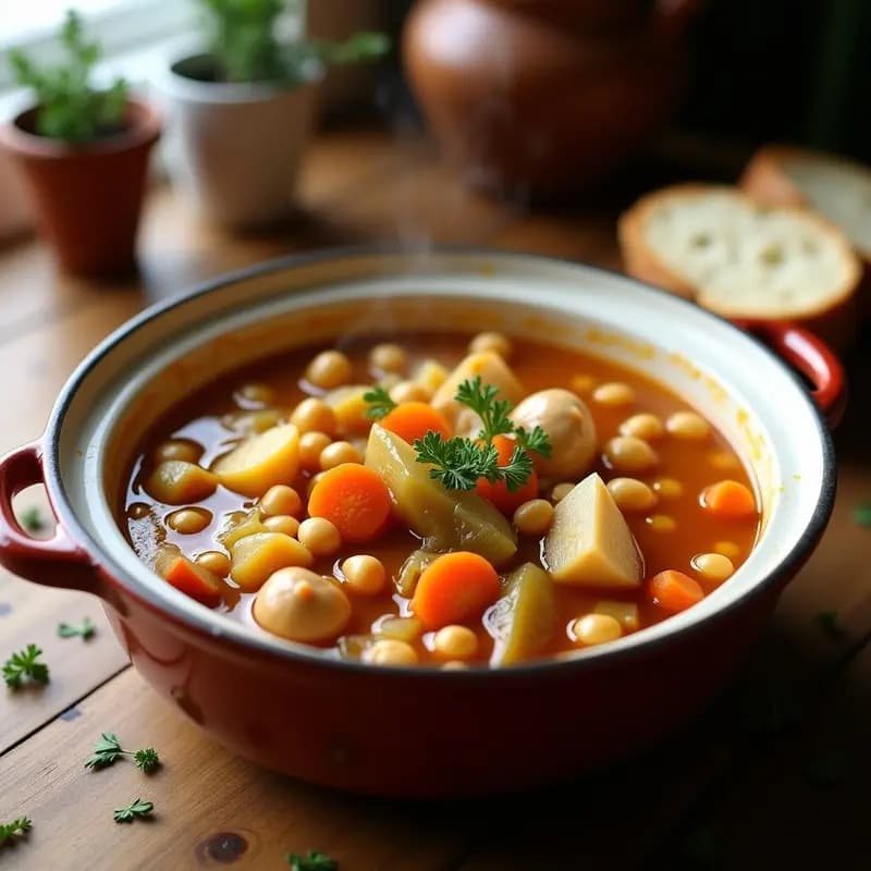Olla de barro humeante con cocido madrileño light, repleta de garbanzos, trozos de pechuga de pollo, zanahoria, papa y repollo, servido en un plato hondo de cerámica blanca sobre una mesa de madera rústica con un chorrito de aceite de oliva virgen extra.