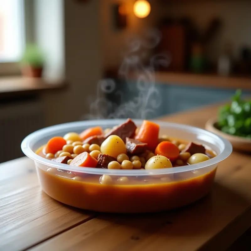 Tupper transparente lleno de Cocido Madrileño con garbanzos, trozos de patata, zanahoria, chorizo y carne, listo para llevar al trabajo. Plato tradicional español en versión portátil y reconfortante.
