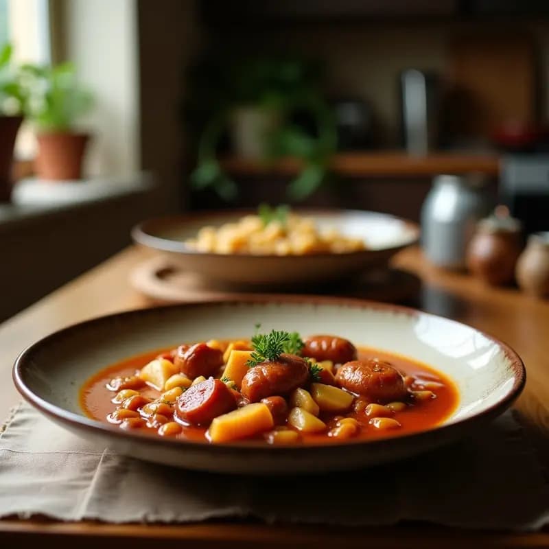 Olla de barro humeante con cocido maragato tradicional: caldo dorado con fideos, garbanzos con zanahorias y patatas, y siete carnes troceadas (falda, morcillo, gallina, chorizo, morcilla, tocino y jamón) servidas en plato hondo de cerámica. Receta leonesa para días fríos.