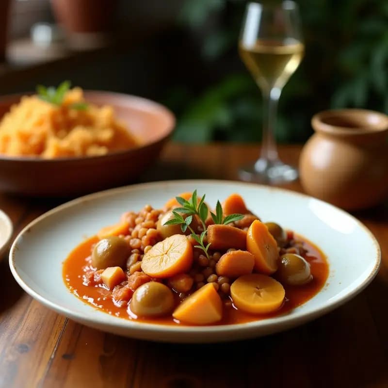 Plato hondo de barro con cocido montañés cántabro: alubias blancas cremosas, trozos de morcilla, chorizo, costilla y tocino, acompañadas de patatas enteras y repollo. fondo rústico de madera con pan de pueblo y un chorrito de aceite de oliva virgen extra.