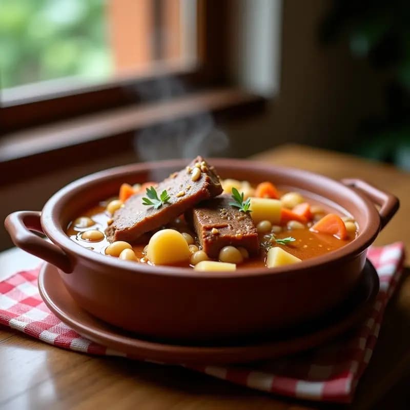 Cazuela de barro humeante con cocido montañés: alubias blancas, trozos de costilla de cerdo, patata y verduras, típico plato único contundente de Cantabria.