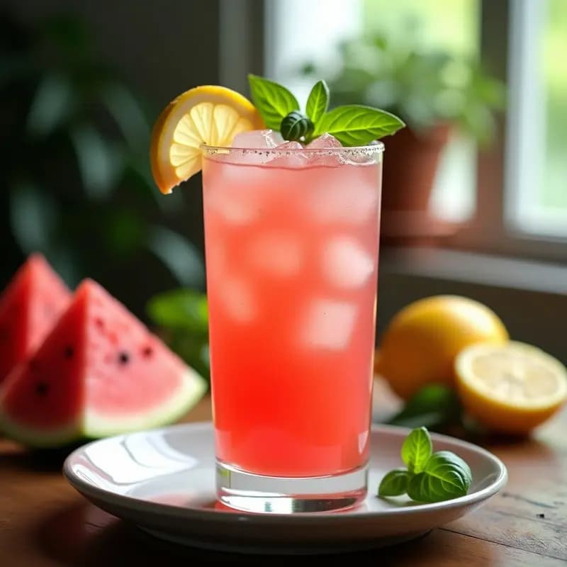 Copa alta transparente con cocktail de sandía y albahaca con limón, decorada con hojas frescas de albahaca y rodaja de limón, servida sobre una mesa rústica de madera con fondo de luz natural veraniega.