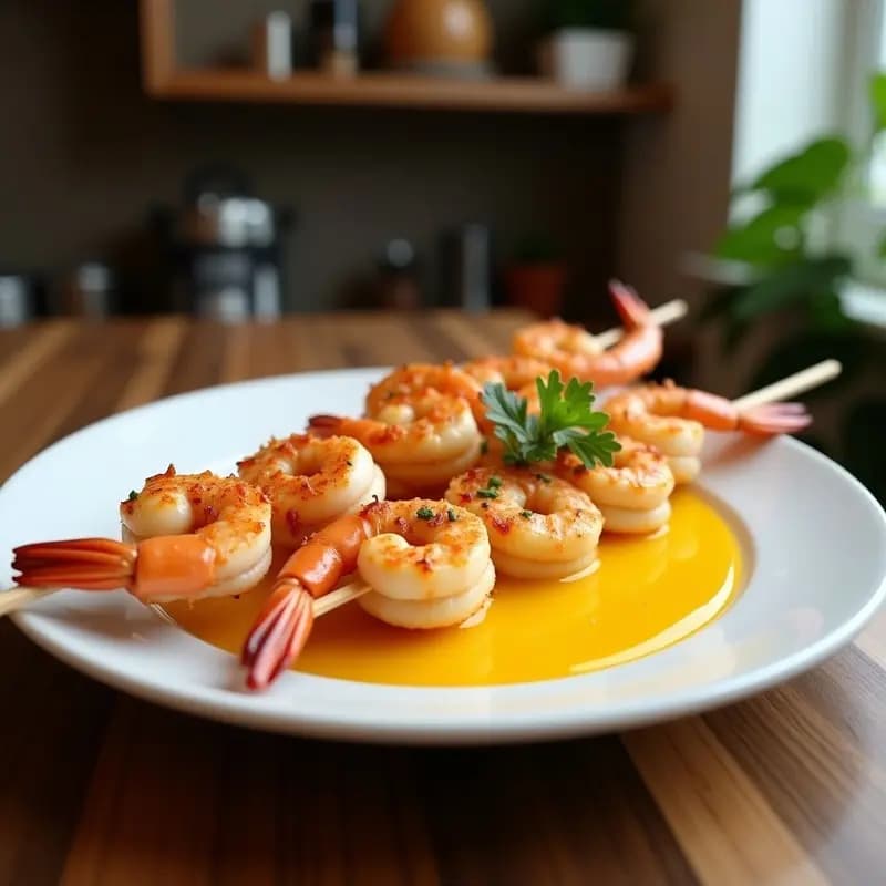 Brochetas de gambas empanizadas en coco dorado crujiente, servidas en tabla de madera rústica con cuenco de mojo de mango cremoso y rodajas de mango fresco. Receta viral de Coconut Shrimp Skewers con mojo de mango.