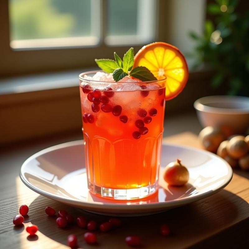 Cóctel de Aperol con zumo de granada y jengibre servido en vaso alto con hielo picado, decorado con hojas de menta y rodaja de naranja, con un fondo de terraza veraniega y luz dorada.