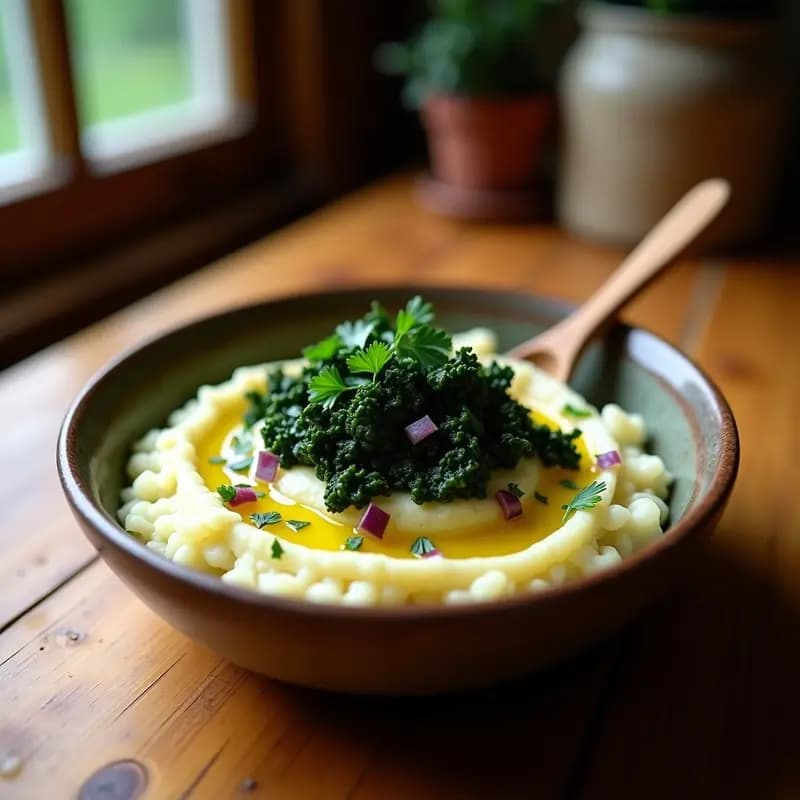 Plato hondo de barro con colcannon irlandés cremoso, puré de patata suave mezclado con col rizada verde intenso y trocitos de cebolla morada, decorado con perejil fresco y un hilo de mantequilla vegana derretida en el centro.