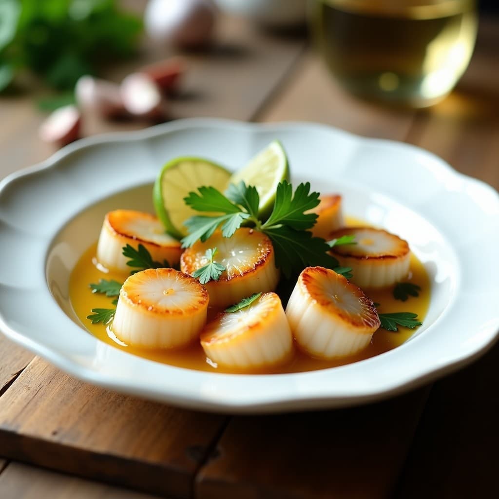 Plato blanco hondo con conchas de abanico al ajillo bañadas en salsa dorada de ajo, vino blanco y perejil, decoradas con rodajas de limón verde y cilantro fresco sobre fondo rústico de madera.
