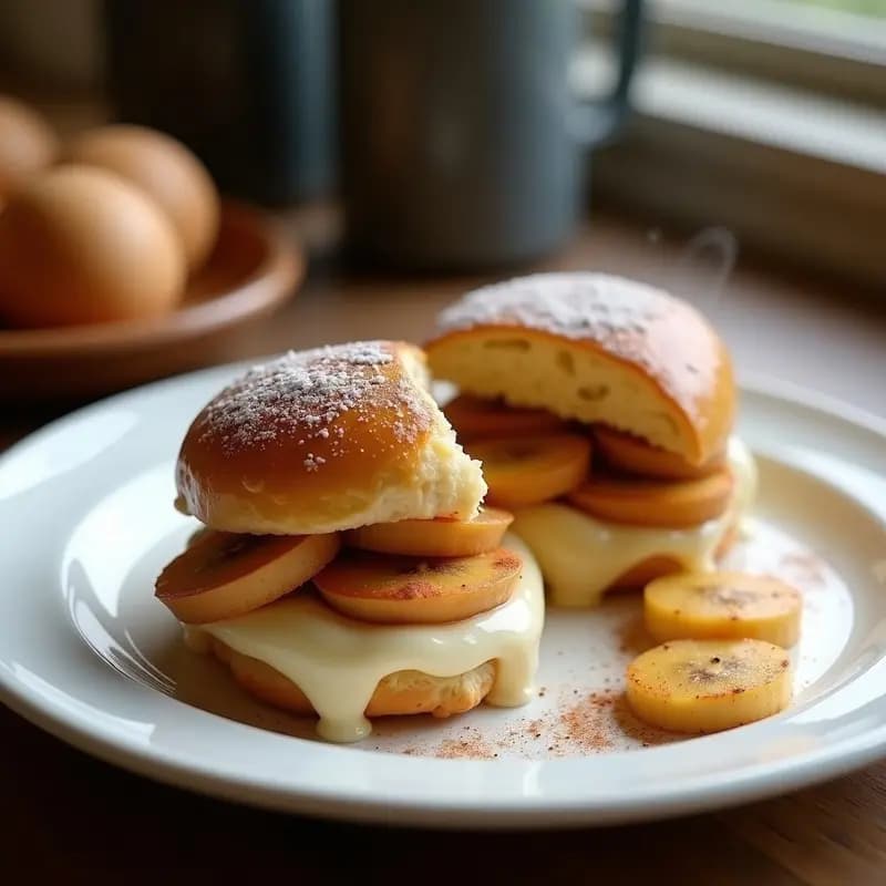 Concha de pan francés dorado y crujiente rellena de crema de avellana espesa, topped con rodajas de plátano caramelizado y avellanas picadas, servida en un plato blanco sobre fondo rústico de madera.