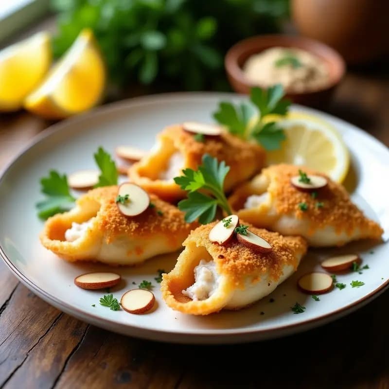 Conchas de merluza rellenas de brandada de bacalao en bandeja de horno, doradas y jugosas, con perejil fresco y limón al lado. Receta española de tupper alta en proteína.