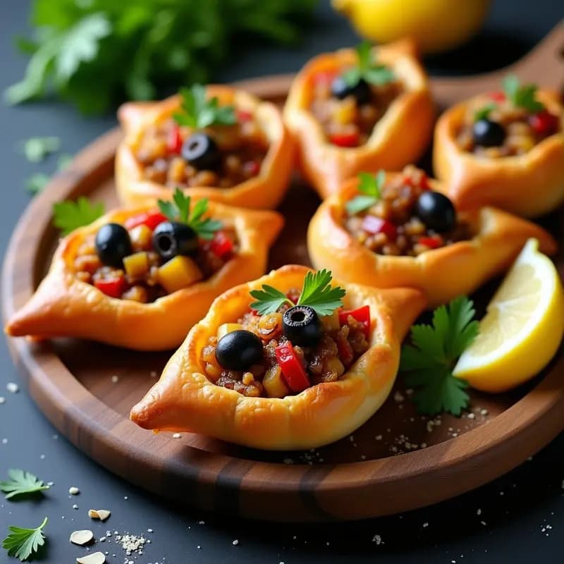 Conchas doradas de hojaldre sin gluten rellenas de sardinas desmenuzadas y pimientos asados, con un toque de perejil fresco. Aperitivo portugués crujiente y sabroso, servido en bandeja de madera.