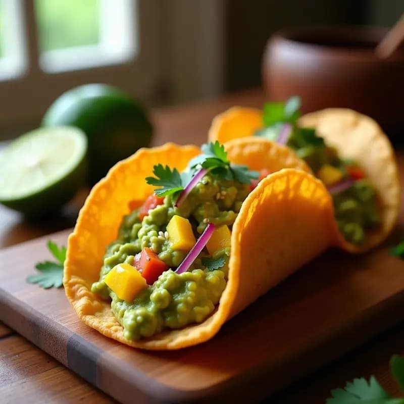 Conchas de taco doradas y crujientes rellenas de guacamole cremoso de mango y chile serrano, decoradas con semillas de sésamo y cilantro fresco, servidas en una bandeja rústica de madera.