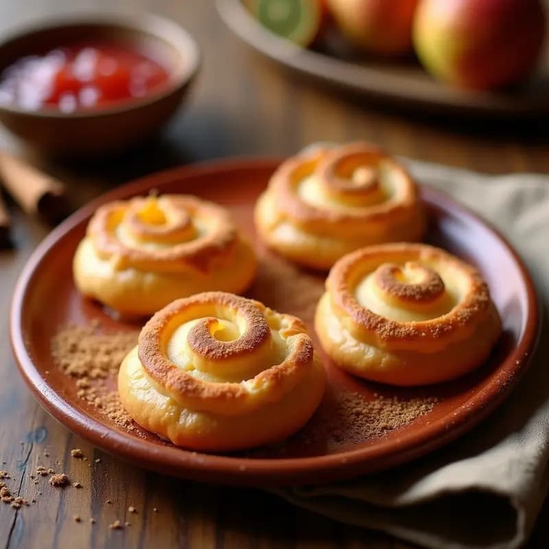 Pastelitos mexicanos en forma de concha, dorados y crujientes, rellenos de queso fresco y guayaba, servidos en un plato de barro con mermelada de guayaba derretida por encima y espolvoreados con azúcar glass. Receta de Conchas a la Vincente en airfryer.