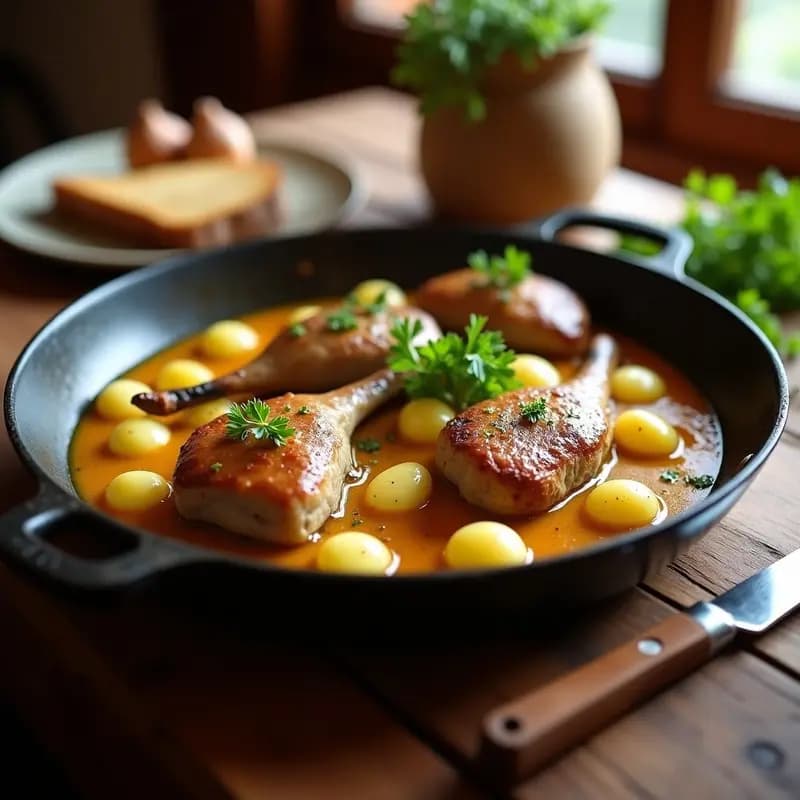 Sartén antiadherente con conejo al ajillo y patatas panaderas doradas, bañadas en una salsa de ajo y perejil fresco, receta tradicional de monte española.
