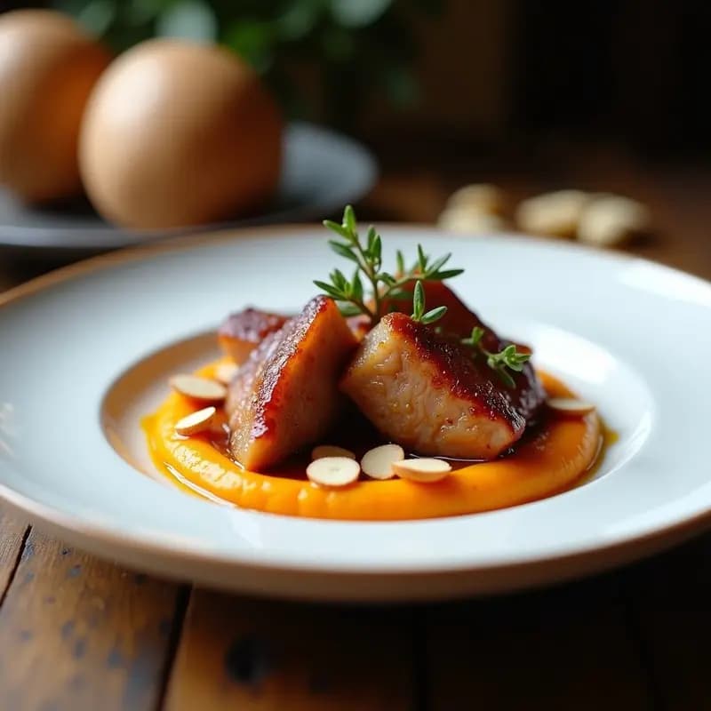 Plato de porcelana blanca con P routine de Confit de Canard dorado y jugoso sobre un puré de batata naranja cremoso, decorado con hojas de tomillo fresco y almendras laminadas, receta francesa gourmet en horno.
