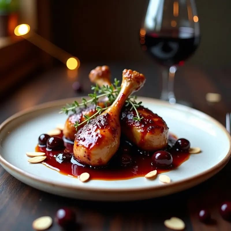 Plato de confit de pato dorado y crujiente bañado en una salsa oscura y brillante de cerezas y vino Porto, decorado con almendras fileteadas tostadas y hojas de tomillo fresco sobre un fondo rústico de madera.